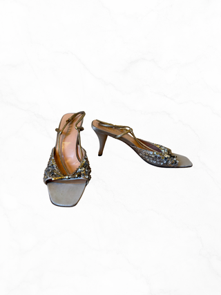 Prada 2000s Champagne Beaded Sequin Detail Silk  Open-Toe Slingback Heels with Gold Leather Bow & Trim- Size EU 40 / US 10