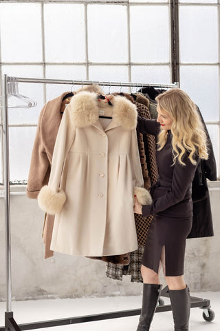 Harrods 1990's Vintage Beige Angora Wool Coat with Fox Fur - Size 2