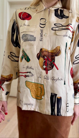 Christian Dior Sports 1988-1993 Silk Equestrian Print Button-Up Shirt - Size L