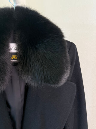 1980s Italian Black Fox Fur Trim Wool Coat - Size M