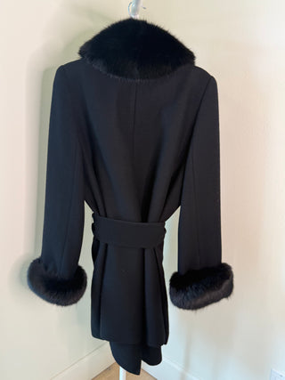 1980s Italian Black Fox Fur Trim Wool Coat - Size M