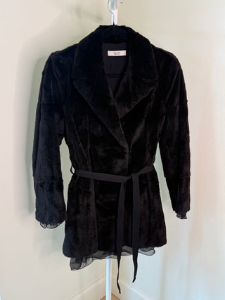 Prada F/W2002 Black Belted Fur Coat with Sheer Crinkled Silk Lining - Size 36