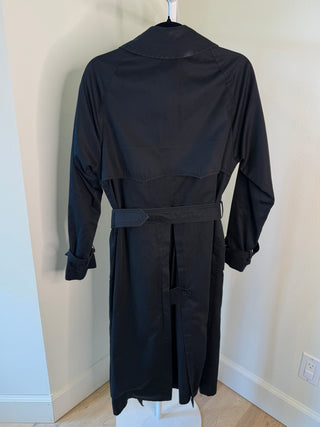 Celine Sport 1970s Vintage Black Belted Trench with Gold Sulky Logo Carriage Buttons - Fits US8/10