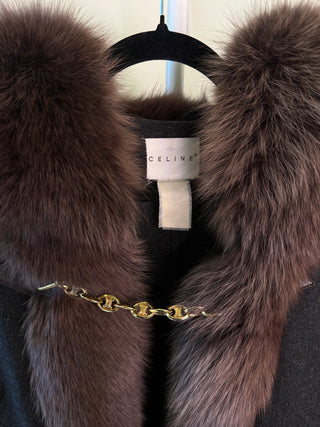 Celine F/W 2000 Michael Kors Era Runway Dark Grey Hooded Brown Fox Fur Coat with Gold Triomphe Chain - Fits S/M