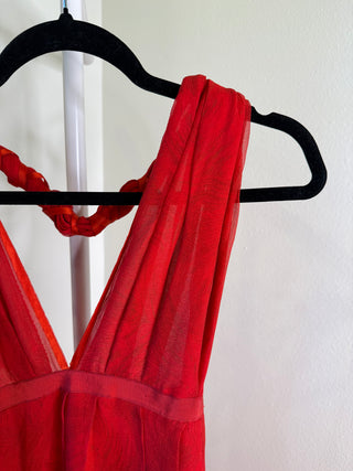 1980-1990s Vintage French Red Halter Maxi Dress w/ Braided Neck - Fits M