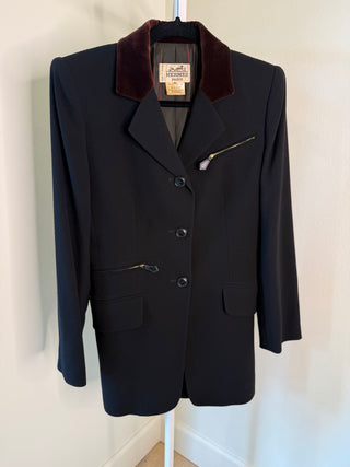 Hermes 1980's Vintage Black Wool Riding Blazer with Brown Velvet Collar & Hermes Paris Buttons - Size FR36