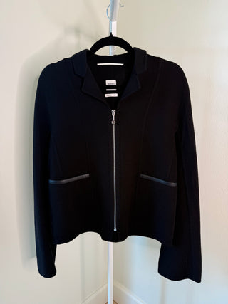 Hermes 2010s Black Knit Jacket with Leather Trim & Silver Zipper Detail - FR34