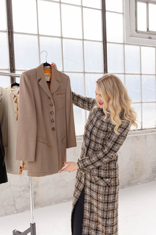 Hermes 1980s Vintage Brown Equestrian Style Blazer with Leather Pulls - Size FR 36