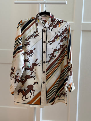 Hermes 1986-1993 Rare Vintage Multicolor Silk Equestrian Shirt with Black Mother-of-Pearl Buttons - Size FR 36