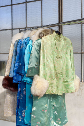 1960s Pale Jade Floral Jacquard Coat with Detachable Multi-Brown Fur Collar - Fits US XS/S