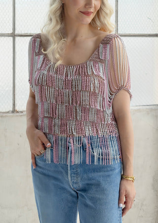 Loris Azzaro 1971-1973 Crochet Pink & Silver Metal Chain Top - Fits US S-L