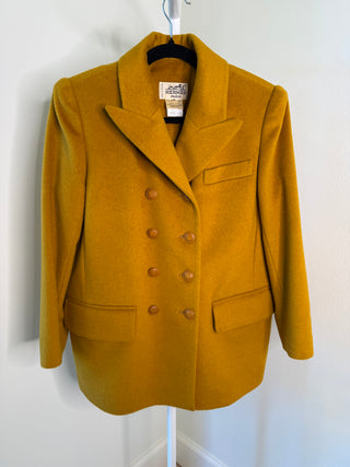 Hermes 1980's Vintage Golden Cashmere Double Breasted Coat with Sulky Logo Carriage Buttons - Size FR38