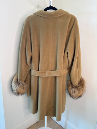 Marella 1980-1990s Vintage Brown Cashmere Wool Belted Coat with Fur Sleeves - Size FR 38
