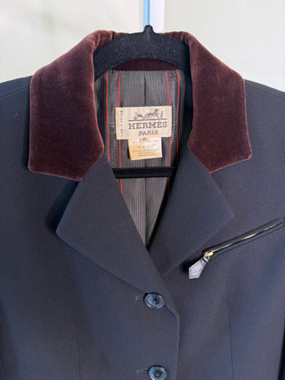 Hermes 1980's Vintage Black Wool Riding Blazer with Brown Velvet Collar & Hermes Paris Buttons - Size FR36
