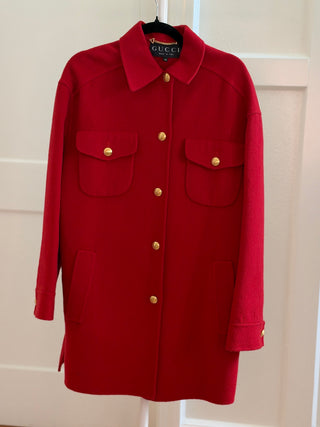 Gucci 1994 Vintage Tom Ford Era Red Wool Cashmere Blend Gold GG Button Long Coat - Size 38 IT