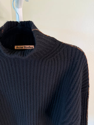 Acne Studios F/W2018 "Kabril" Black Wool Rib Knit Cropped Turtleneck Long Sleeve Sweater with Brown Cotton Contrast - Size M