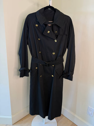 Celine Sport 1970s Vintage Black Belted Trench with Gold Sulky Logo Carriage Buttons - Fits US8/10