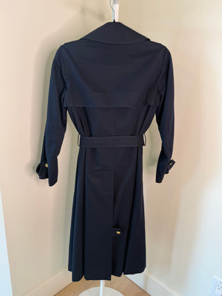 Celine 1970s Vintage Navy Cotton Trench Coat with Sulky Logo Gold Carriage Buttons - Size FR 38