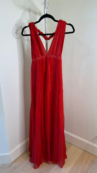 1980-1990s Vintage French Red Halter Maxi Dress w/ Braided Neck - Fits M