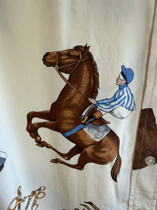 Lauren Ralph Lauren 1990's Beige Silk Equestrian Racing Print Button-Up Shirt - Size US 6