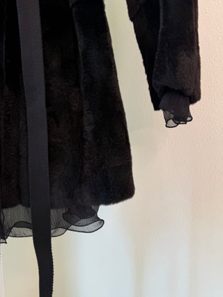Prada F/W2002 Black Belted Fur Coat with Sheer Crinkled Silk Lining - Size 36