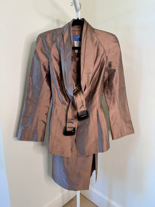Thierry Mugler S/S 2000 Rare Vintage Runway Pink Dupioni Silk Jacket & Skirt 2 Piece Set - Size FR 36