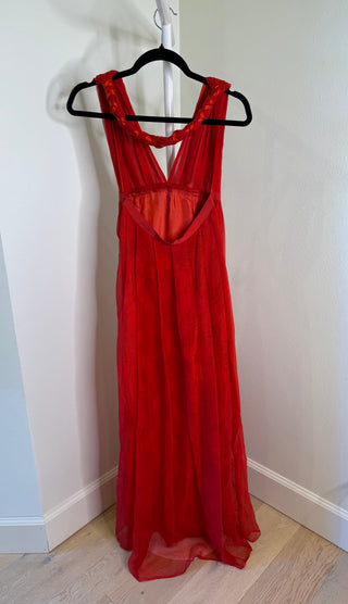 1980-1990s Vintage French Red Halter Maxi Dress w/ Braided Neck - Fits M