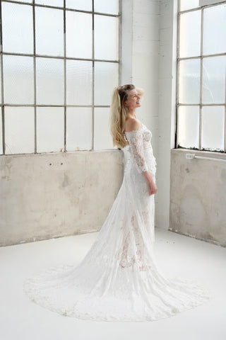 1990s Handmade Vintage White Sheer Lace High-Low Bridal Top with Train - Fits XS/S