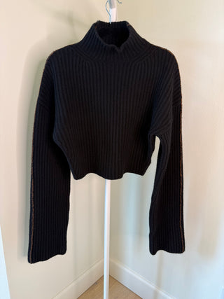 Acne Studios F/W2018 "Kabril" Black Wool Rib Knit Cropped Turtleneck Long Sleeve Sweater with Brown Cotton Contrast - Size M