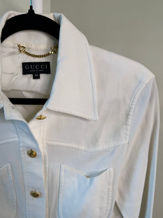 Gucci 1994 Tom Ford Era Vintage White Rib Knit Gold GG Button Up Shirt Jacket - Size 40 IT