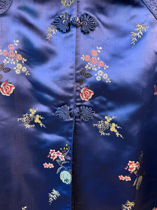 1960-1970s Royal Blue Floral Jacquard Coat with Detachable Brown Fox Fur Collar - Fits US S/M