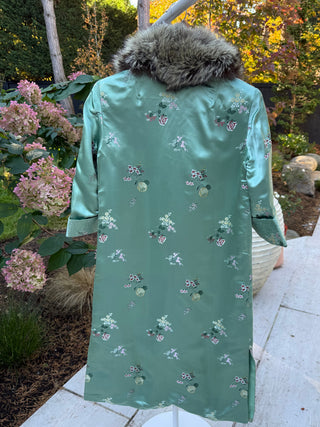 1960s Pale Jade Floral Jacquard Coat with Detachable Multi-Brown Fur Collar - Fits US XS/S