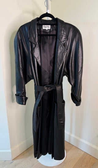 Maxima 1980-1990s Black Belted Leather Trench Coat - Size S