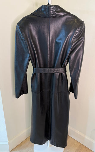 Maxima 1980-1990s Black Belted Padded Shoulder Leather Trench Coat - Size 2