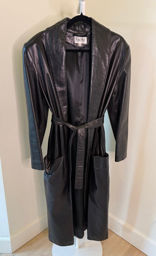 Maxima 1980-1990s Black Belted Padded Shoulder Leather Trench Coat - Size 2