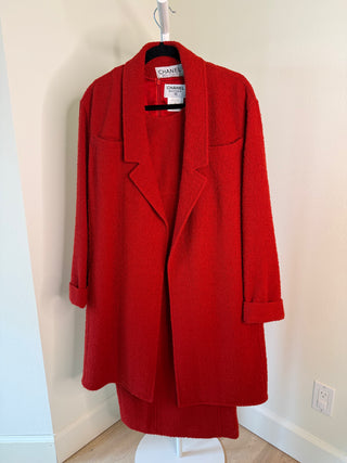 Chanel Boutique F/W1995 Red Boucle Wool Tweed Coat & Dress Set - Size 40