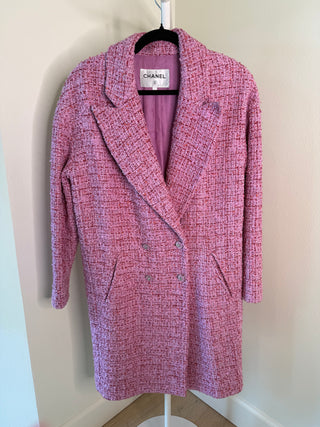 Chanel S/S2022 Pink Cotton Wool Blend Lesage Tweed Coat with Lion Buttons - Size FR36