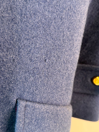 Chanel A/W 1991 Vintage "Material Girls" Runway Blue Wool Coat with Magenta Velvet Collar and Gold CC Buttons - Fits S