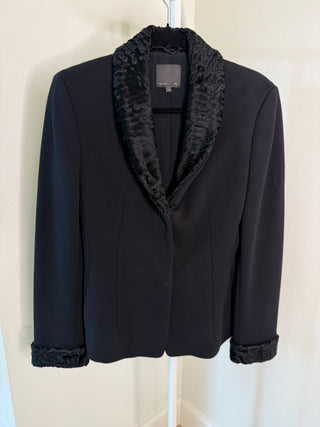 Fendi 1990-2000s Black Wool Blazer-Silhouette Coat with Persian Lamb Fur Trim - Size 44