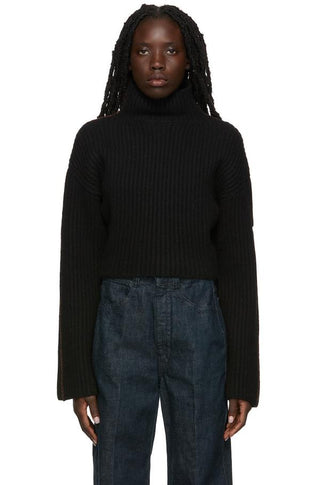 Acne Studios F/W2018 "Kabril" Black Wool Rib Knit Cropped Turtleneck Long Sleeve Sweater with Brown Cotton Contrast - Size M