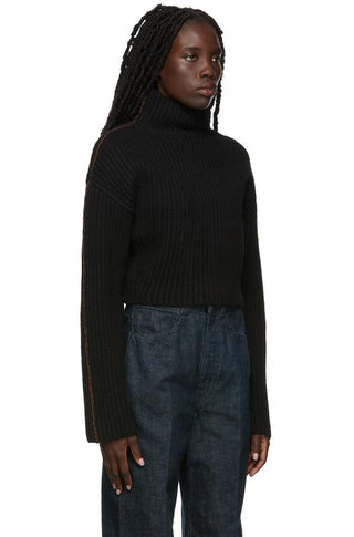 Acne Studios F/W2018 "Kabril" Black Wool Rib Knit Cropped Turtleneck Long Sleeve Sweater with Brown Cotton Contrast - Size M