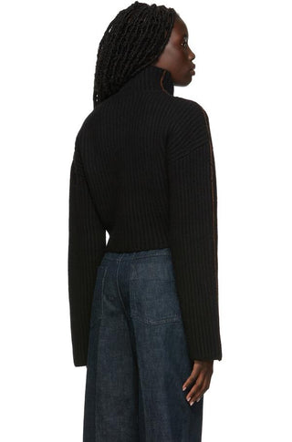 Acne Studios F/W2018 "Kabril" Black Wool Rib Knit Cropped Turtleneck Long Sleeve Sweater with Brown Cotton Contrast - Size M