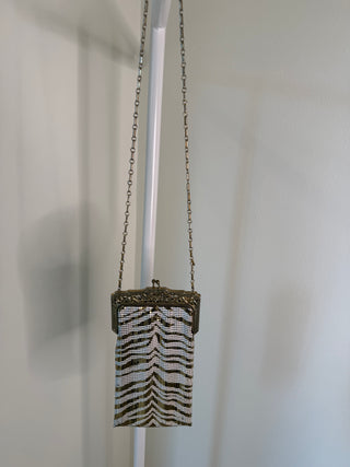 Whiting & Davis 1950's Vintage White & Gold Zebra Print Chainmail Mesh Crossbody Purse