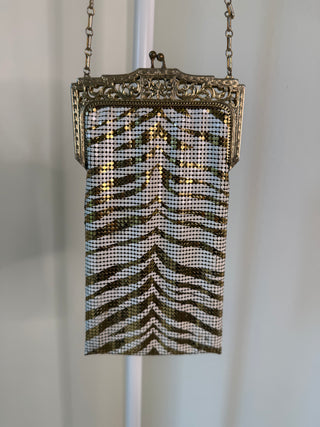 Whiting & Davis 1950's Vintage White & Gold Zebra Print Chainmail Mesh Crossbody Purse