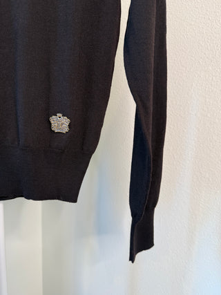 Yves Saint Laurent Rive Gauche 1990-2000's Black Wool Knit Turtleneck with Small Silver YSL Heraldic Crest - Size S