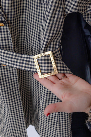 Chanel Late 1980s Vintage Black & White Gingham Belted Trench Coat with Gold "Rue Cambon" Belt Buckle - Size FR 38