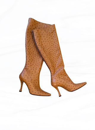 Walter Steiger 1990's Vintage Cognac Color Ostrich Leather Pointed Toe Heeled Boots - Size 36.5