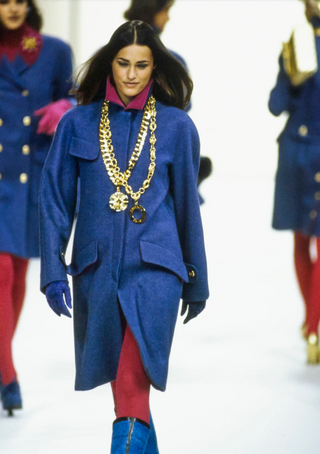 Chanel A/W 1991 Vintage "Material Girls" Runway Blue Wool Coat with Magenta Velvet Collar and Gold CC Buttons - Fits S