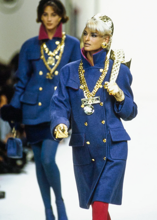 Chanel A/W 1991 Vintage "Material Girls" Runway Blue Wool Coat with Magenta Velvet Collar and Gold CC Buttons - Fits S