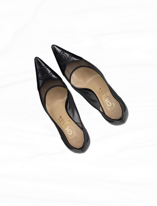 Chanel 2000s Vintage Mesh & Black Leather CC Logo Slingback Heels - Size 34.5 / US 4.5